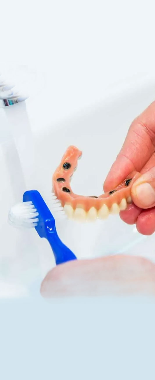 Dentist holding colorful dental model showing teeth alignment during patient consultation.