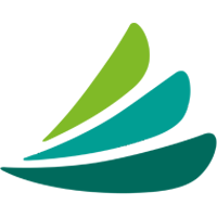 Three curved green and teal leaf shapes forming an abstract swoosh design logo.